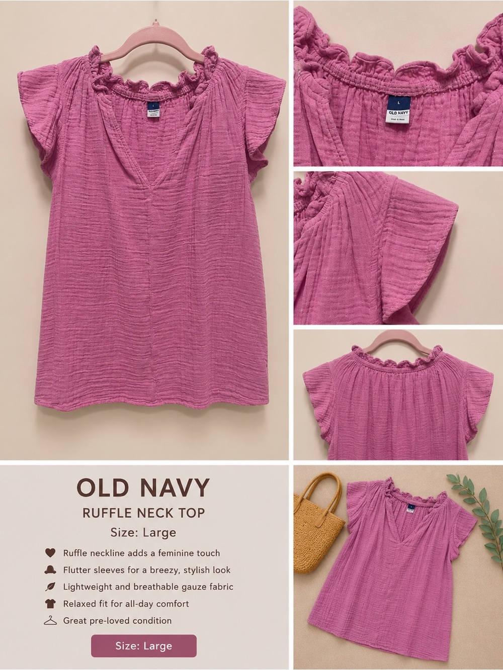 Old Navy Rose Pink Ruffle-Neck Flutter Sleeve Top